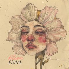 a drawing of a woman's face with a flower in her hair and the words bloom glime on it