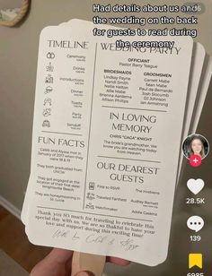 someone is holding up their wedding program for the bride and groom to be married in