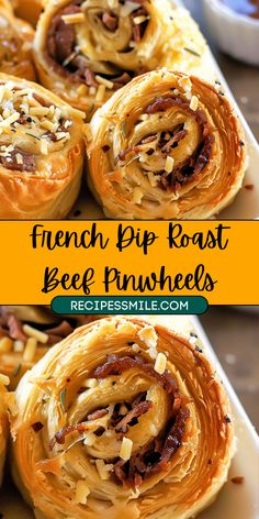 french dip roast beef pinwheels on a white platter with text overlay