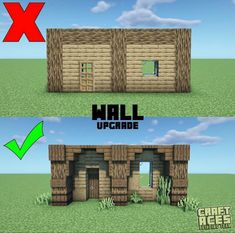 two pictures showing how to make a house in minecraft with the same wall and door