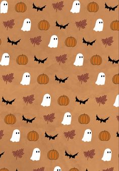 halloween wallpaper with pumpkins, bats and ghost faces on brown background for kids'room decor