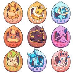 six different pokemon pin badges in various colors and sizes, each with an image of their own character