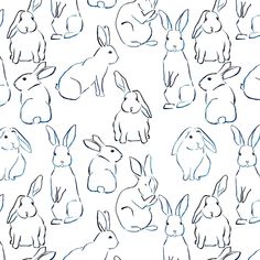 a bunch of rabbits that are drawn in blue and black ink on a white background