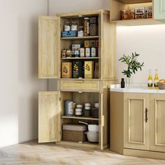 an open cabinet in the corner of a kitchen