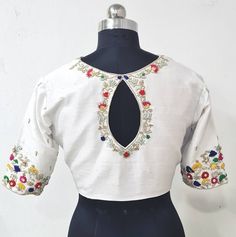 Buy Custom Fit White Pure Raw Silk Blouse With Multicolor Embroidery Online in India - Etsy White Maggam Work Blouse, White Blouse Designs For Saree, White Blouse Designs, Raw Silk Blouse, Multicolor Embroidery, White Silk Blouse, Embroidery Online, Blouse Back Neck Designs, Silk Saree Blouse Designs