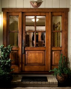 a wooden front door with glass panels and potted plants