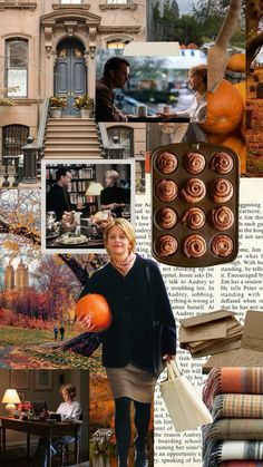 a collage of photos with pumpkins and other things in the foreground, including a woman holding an orange ball