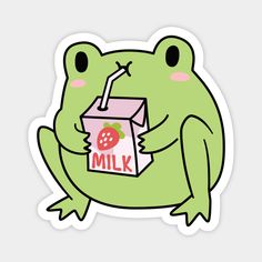 a green frog holding a carton of milk and strawberries with the word milk on it