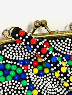 1950s Lovely colorful handbag Multi colored plastic beads on taffeta. Black taffeta lining Shes in nice condition! See photos Vintage Multicolor Beaded Evening Bag, Retro Multicolor Bags For Party, Retro Multicolor Evening Bag, Retro Multicolor Party Bags, Vintage Handmade Multicolor Evening Bag, Handmade Retro Evening Bag, Colorful Handbag, 1960s Accessories, Vintage Bandana