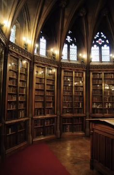 a large library with many bookshelves and stained glass windows on the walls, along with a red carpeted floor