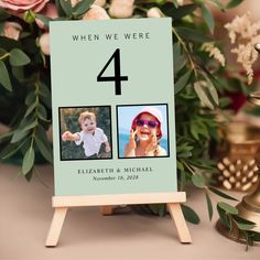 a wooden easer with two photos on it and flowers in the background for an anniversary card