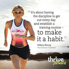 a woman is running on the road with a quote above her that says, it's about having the discipline to get out every day and stabish a training routine to make it a habit