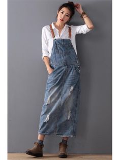 Women Loose Denim Dress Ladies Bleached Holes Denim Dress Female Spaghetti Strap Ripped Vintage Sleeveless Suit, Denim Maxi Dress, Fall Winter Dresses, Denim Overall Dress, Bleached Denim, Hip Dress