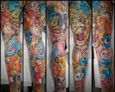 tattoos on the legs and arms of people with cartoon characters in different colors, sizes and shapes