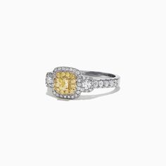 Effy Canare 18K Two-Tone Gold Yellow and White Diamond Ring, 0.96 TCW Yellow Diamond Ring, Yellow Diamond Rings, Gold Cushions, White Diamond Ring, Double Halo, Yellow Diamond, Gold Yellow, White Diamond, Class Ring