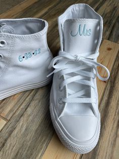 Converse is having inventory issues on the all white / monochrome hi top this may delay your order Getting Married? What a great idea. Bat Mitzvah ? Sweet 16? Any special occasion Embroidery is for name with a date on the side with dots separating the numbers, but I can customize it for your needs. Hearts are an option but you MUST write that in your order. Please message me your ideas. You can have a monogram or a name, ie Mrs. Smith This listing is for the date on the side with dots separating White Low-top Bridal Sneakers, White High-top Sneakers For Wedding, Customizable White Sneakers For Wedding, White Embroidered Lace-up Sneakers, Custom White High-top Wedding Sneakers, White High-top Wedding Sneakers, White Wedding Sneakers With Custom Embroidery, Customizable Low-top Sneakers For Anniversary, Bride And Groom Converse