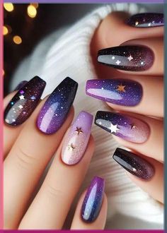 Take some time for self-care and indulge in a relaxing nail painting session. Experiment with different designs and techniques Dark Purple Ombre Nails, Purple Galaxy Nails, Eye Galaxy, Nails Galaxy, Galaxy Nail Art, Galaxy Nails