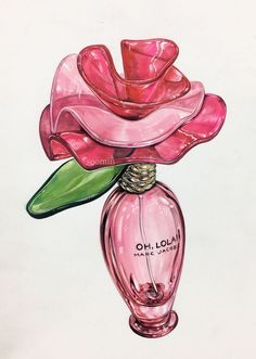 a drawing of a pink rose in a glass bottle