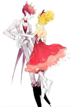 a drawing of two people dressed in costumes