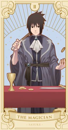 the magician tarot card with an image of a man holding a wand and standing in front of a table