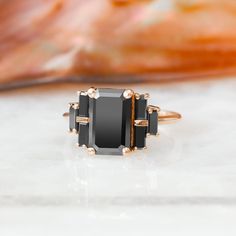 Emerald Cut Black Diamond Ring, Black Diamond Jewelry, Unique Diamond Ring, Art Deco Diamond Ring, 14k Gold Diamond Ring, Black Diamond Ring - Etsy Modern Black Rings For Evening, Luxury Black Spinel Jewelry With Rose Cut Diamonds, Timeless Black Rings For Evening, Timeless Black Evening Rings, Timeless Black Ring For Evening, Black Rose Cut Diamond Jewelry For Evening, Modern Black Emerald Cut Jewelry, Evening Black Rose Cut Diamond Jewelry, Luxury Black Onyx Diamond Ring