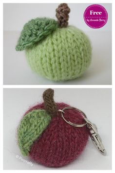 there are two pictures of an apple keychain made out of crochet