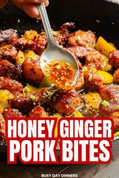 honey ginger pork bites in a skillet with the title overlay reads, honey ginger pork bites busy dinners