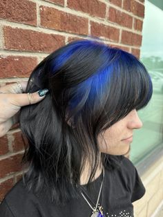 #ghostroots #blueghostroots #hair Navy Blue Chunky Highlights, Blue Hair On Short Hair, Black And Another Color Hair, Colored Shadow Root Black Hair, Dark Blue Roots Black Hair, Black Hair With Bright Colors, Shadow Root Colored Hair, Blue Ghost Roots Black Hair, Black Hair With Dyed Tips