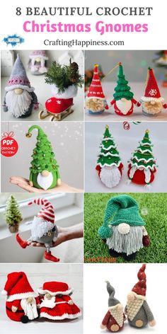 crocheted christmas gnomes are featured in this collage with text that reads 8 beautiful crochet christmas gnomes