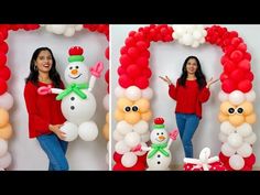 a woman standing in front of a balloon arch with snowman and penguin balloons on it