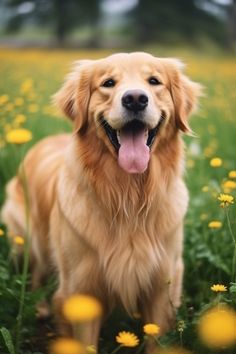 portrait photography of a cute golden retriever dog looking at the camera in a field of yellow flowers. Golden Retriever Smile, Golden Retriever Photography, Golden Magic, Big Dog Breeds, Dog Aesthetic, Street Dogs