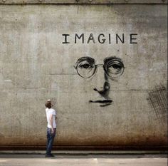 a drawing of steve jobs with the words imagine on it's forehead and glasses