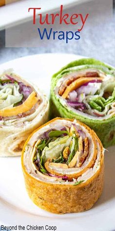 turkey wraps on a plate with lettuce and red onion in the middle, next to another wrap