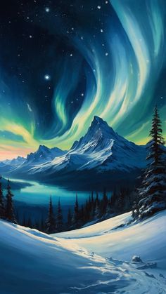 an oil painting of the night sky over a snowy mountain