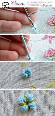 three pictures showing how to make flower embellishments with yarn and thread, including flowers