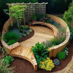 a circular wooden bench in the middle of a garden