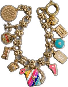 Metal Bracelet With Logo Charm, Vintage Multicolor Enamel Jewelry, Retro Metal Charms Jewelry, Collectible Enamel Bracelet Jewelry, Retro Collectible Enamel Jewelry, Gold Enamel Jewelry With Vintage Charm, Multicolor Enamel Jewelry With Lobster Clasp, Vintage Gold Bracelet With Logo Charm, Enamel Jubilee Bracelet Jewelry As Gift