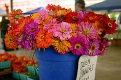 colorful flowers are in a blue bucket at an open air farmers'market with people walking by