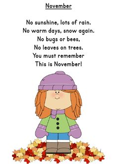 a girl standing in the leaves with her hands on her hips and text reading november no sunshine, lots of rain