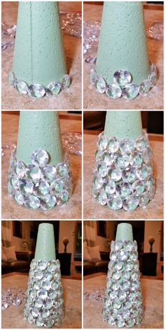 four pictures of different types of sequins on top of a cone shaped object