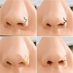 four different views of the nose and side of a person's nose with various piercings