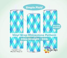 three blue and white cans with the words vinyl wrap rhinos pattern on them, next to each other