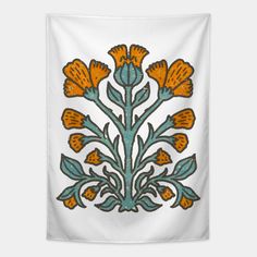 an orange and blue floral design on a white wall hanging tapestry, with green leaves