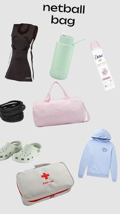 the contents of a travel bag are shown in various colors and sizes, including pink, blue