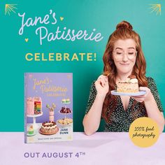 a woman sitting at a table with a cake in front of her and an advertisement for jane's patisseie celebrate