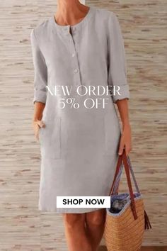 Cotton Linen Loose Casual Long Sleeve Button Pocket Dress Casual Solid Dress With Button Cuffs, Casual Gray Buttoned Dress, Casual Gray Dress With Buttons, Casual Gray Dresses With Buttons, Short Models, Comfy Chic, Pocket Dress, Cotton Linen, Cotton Material