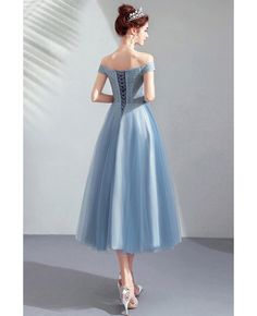 Buy Dusty Blue Tulle Tea Length Party Dress Off Shoulder With Lace at wholesale price online. Free shipping and pro custom service since 2009. Light Blue Knee-length Dress For Banquet, Light Blue Fitted A-line Evening Dress, Light Blue Knee-length Dress For Banquets, Light Blue Evening Dress For Spring Banquet, Spring Banquet Light Blue Evening Dress, Light Blue Formal Evening Dress For Summer, Fitted A-line Light Blue Evening Dress, Blue Tea Length Evening Dress, Blue Tea Length Dress For Evening