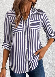 $34.98 - What do you think of this sexy fashion trend that is taking over the internet - Navy Button Striped 3/4 Sleeve Shirt - Description: Each and every item’s materials are handpicked and crafted with care for continued quality and style. Features: Stylish, Comfortable, High Quality, Unique Specs: 1 X Blouse,Other,Casual,Navy,S,M,L,XL,XXL   Size information: We recommend to choose a size l... Blue Half Sleeve Blouse With Buttons, Navy Casual Relaxed Fit Blouse, Navy Collared Blouse For Summer, Casual Navy Relaxed Fit Blouse, Navy Long Sleeve Summer Blouse, Navy Long Sleeve Blouse For Summer, Navy Casual Blouse With Relaxed Fit, Blue Half Sleeve Blouse With Button Closure, Casual Navy Blouse For Fall