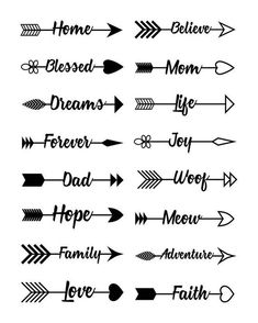 the different types of arrows are shown in black and white