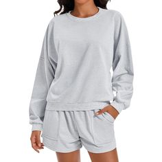 Oversized sweatsuit can be worn in various ways for trendy and cute look. This set for women in various colors, with many sizes to choose from, suitable for various body types, plus size ladies also can wear. Airplane travel outfit featuring a cozy sweatshirt and comfy shorts for a laid-back look. Sweater shorts sets are ideal for everyday wear, workouts, yoga sessions, or even as sleepwear. Gray Long Sleeve Tracksuit For Leisure, Long Sleeve Tracksuit With Pockets For Loungewear, Comfortable Solid Color Sweatshirt For Lounging, Oversized Solid Color Sweats For Lounging, Relaxed Fit Plain Sweatshirt For Loungewear, Comfortable Solid Color Long Sleeve Tracksuit, Relaxed Fit Solid Color Sweatshirt For Loungewear, Crew Neck Tracksuit With Pockets For Loungewear, Comfortable Long Sleeve Solid Color Tracksuit